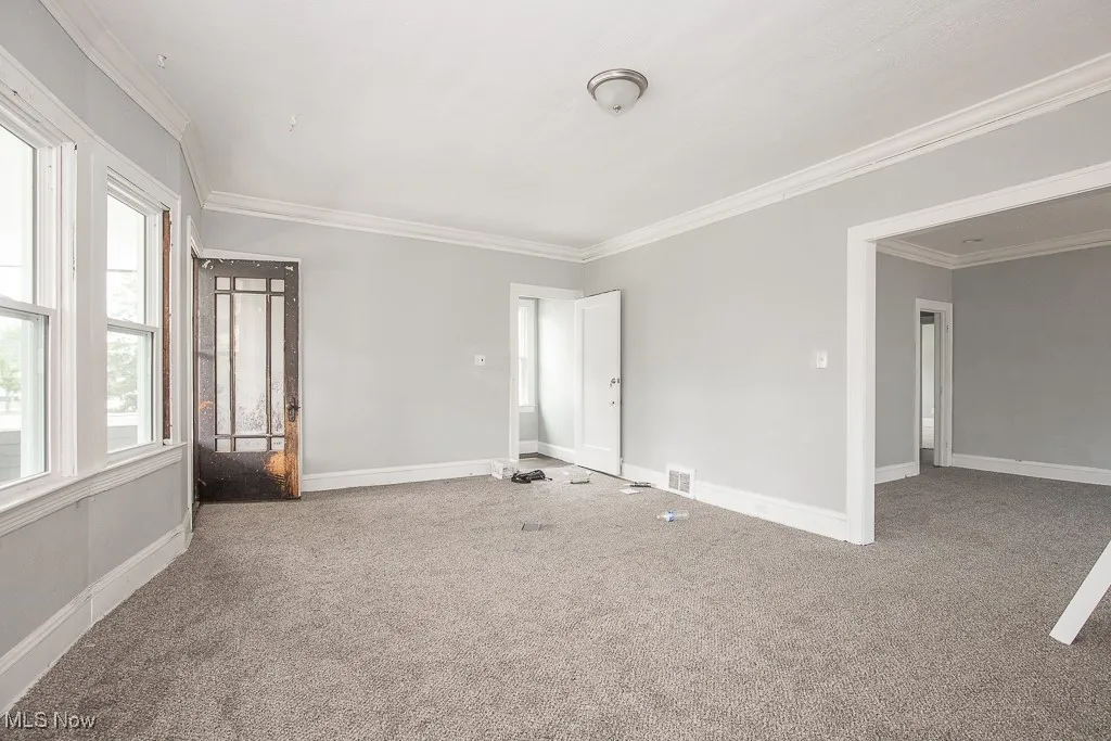 Carpeted spare room featuring plenty of natural light and ornamental molding