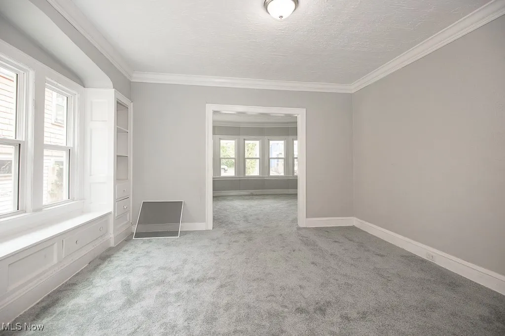 Spare room featuring light carpet, crown molding, and a textured ceiling