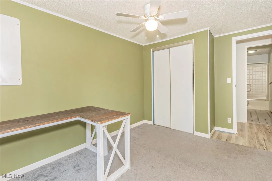 Unfurnished office featuring a ceiling fan, ornamental molding, a textured ceiling, and carpet floors
