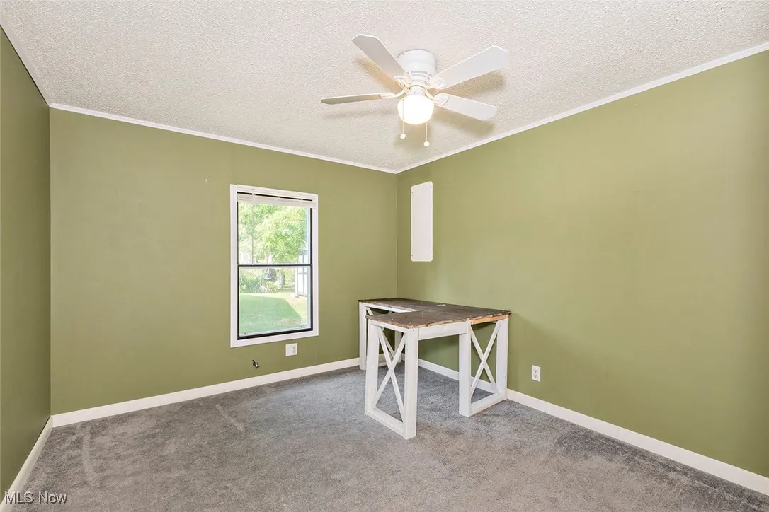 Unfurnished office featuring a textured ceiling, ornamental molding, carpet flooring, and ceiling fan