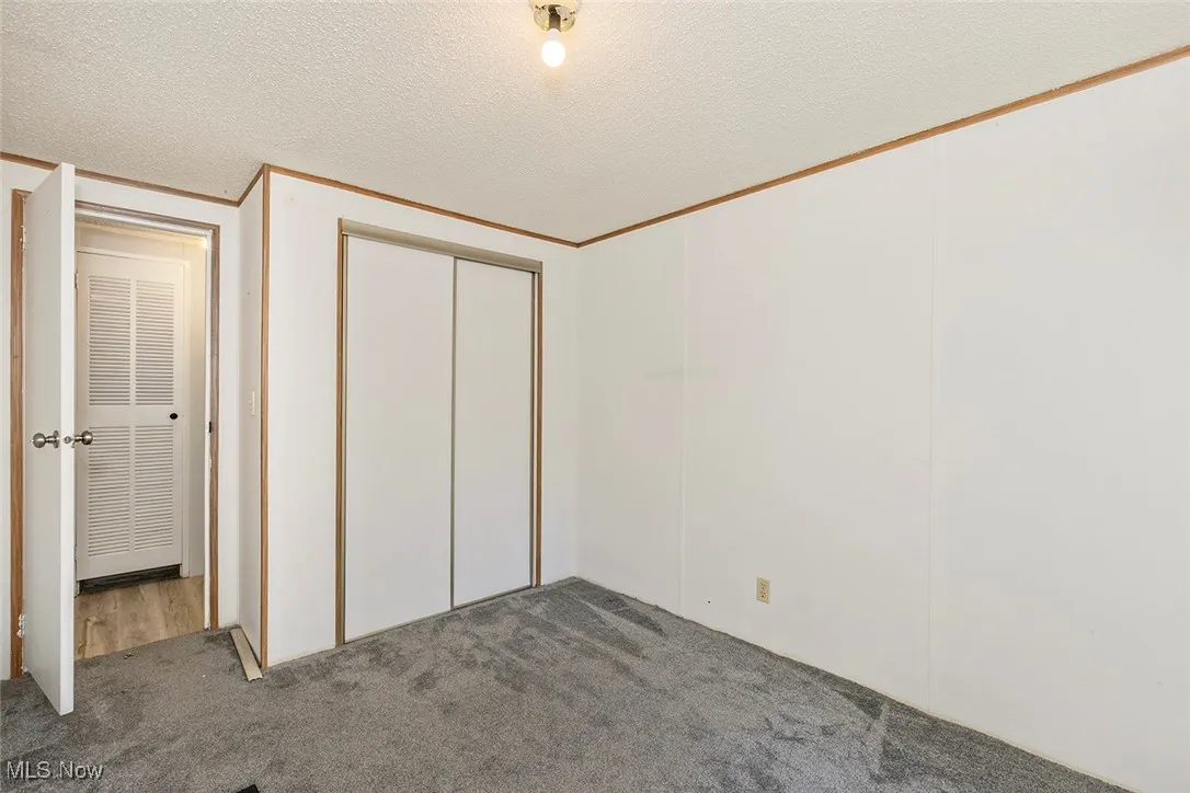 Unfurnished bedroom with crown molding, carpet, a closet, and a textured ceiling
