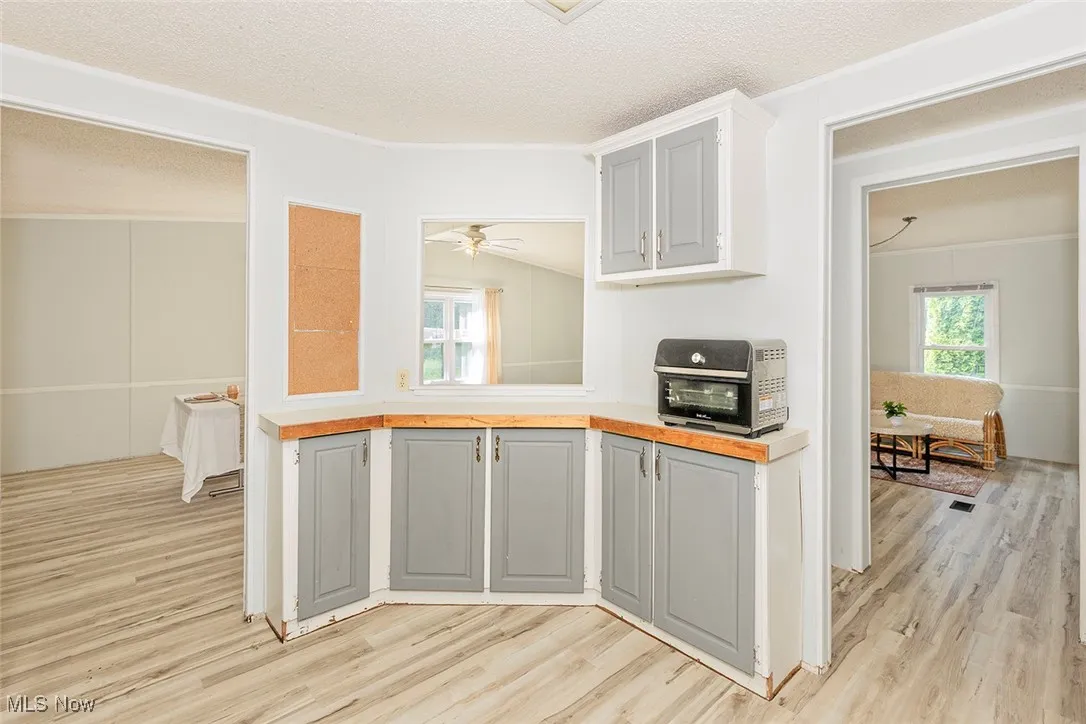 Kitchen with light wood-type flooring, ornamental molding, a textured ceiling, gray cabinets, and ceiling fan