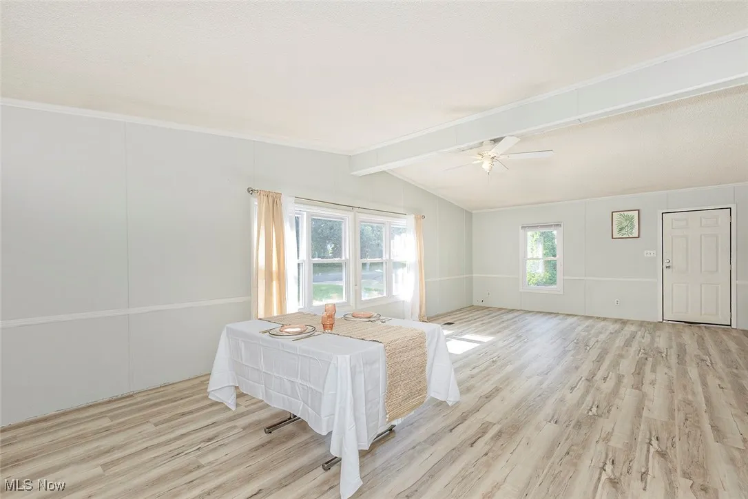 Living room featuring light wood-style flooring and a ceiling fan