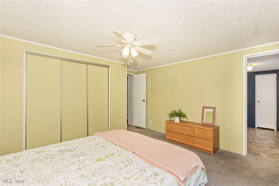 Bedroom with light colored carpet, a closet, crown molding, ceiling fan, and a textured ceiling