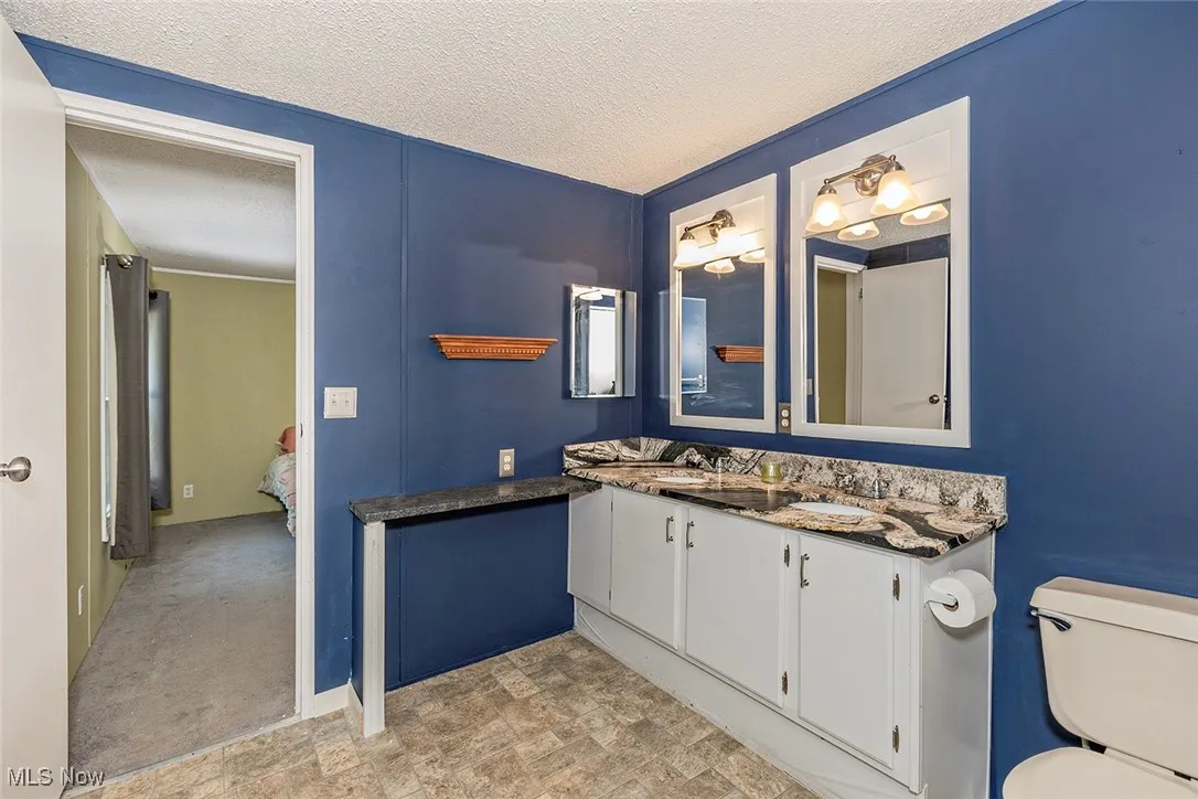 Bathroom featuring vanity, a textured ceiling, and ensuite bath