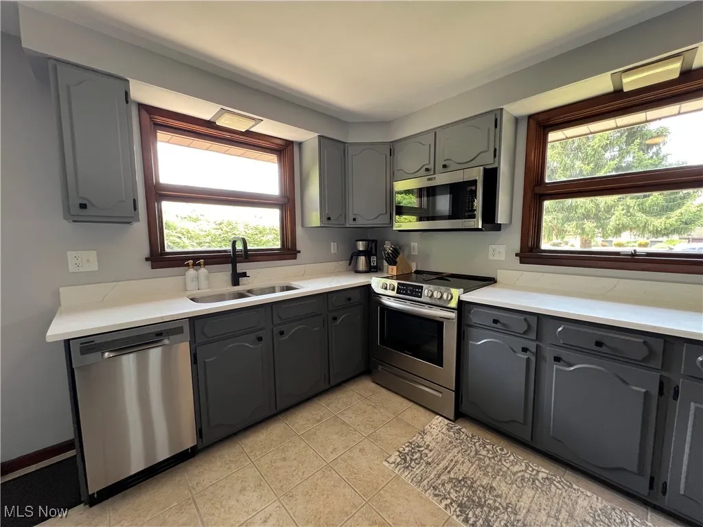 Kitchen featuring stainless steel appliances, gray cabinets, and healthy amount of natural light