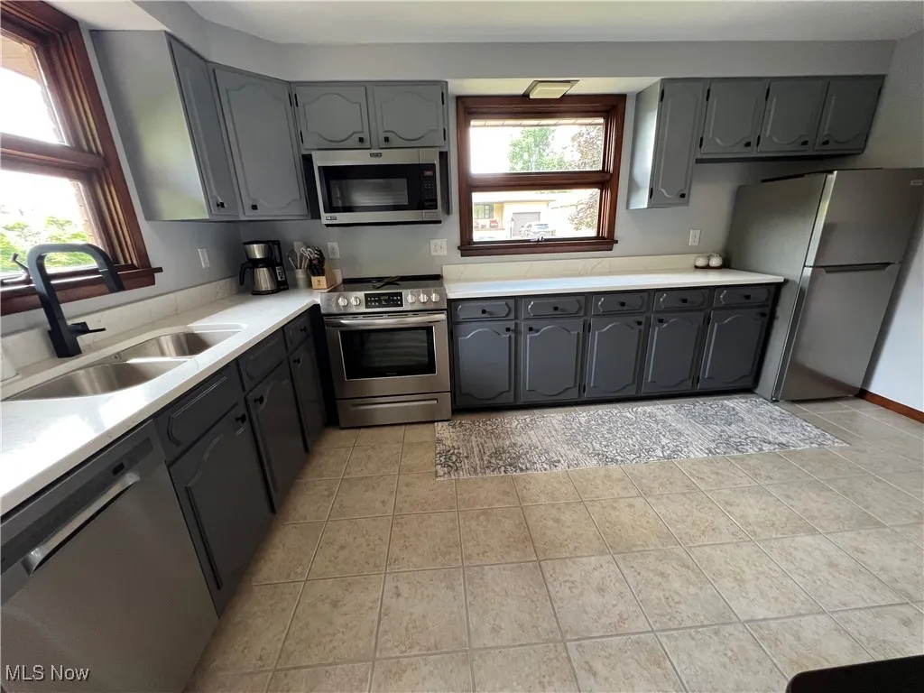 Kitchen with stainless steel appliances, gray cabinetry, and healthy amount of natural light