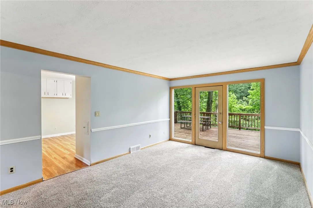 Unfurnished room featuring crown molding, carpet flooring, and a textured ceiling