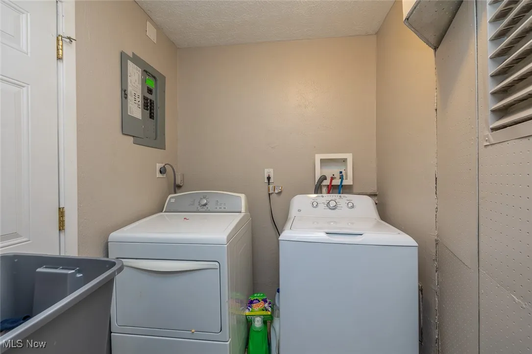 Laundry area featuring washer and dryer and electric panel