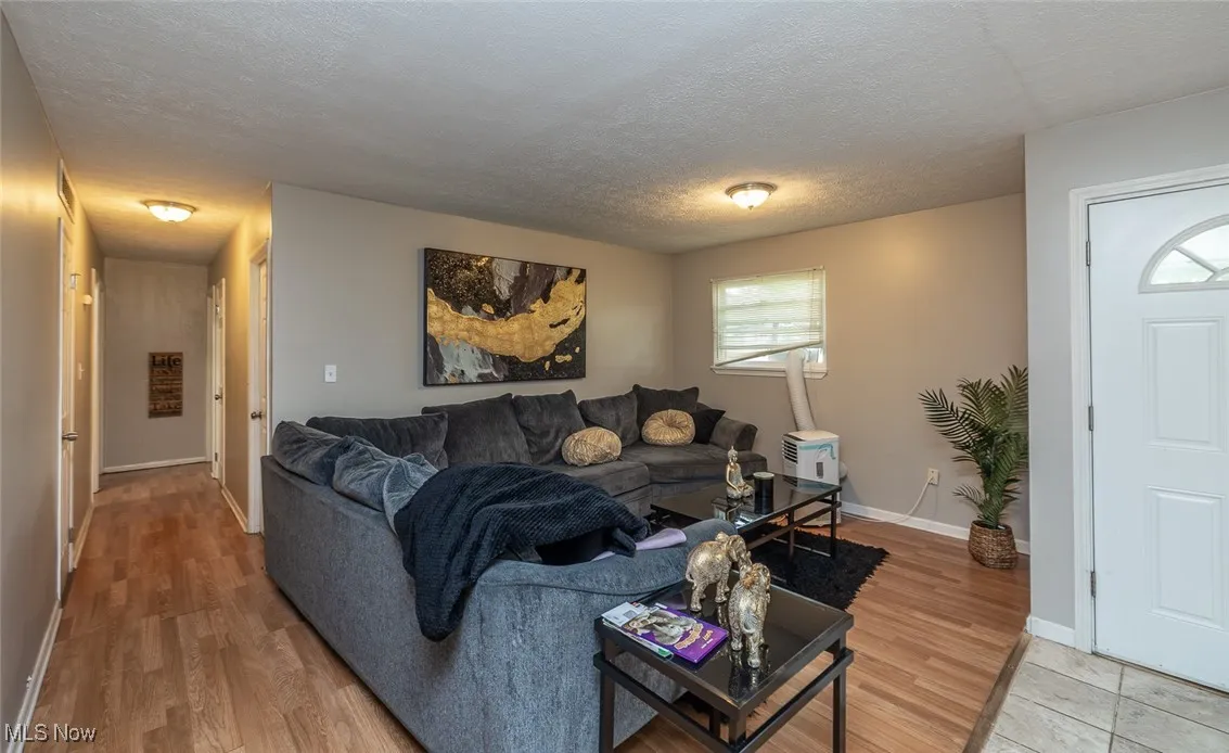 Living area with a textured ceiling and light wood-style floors