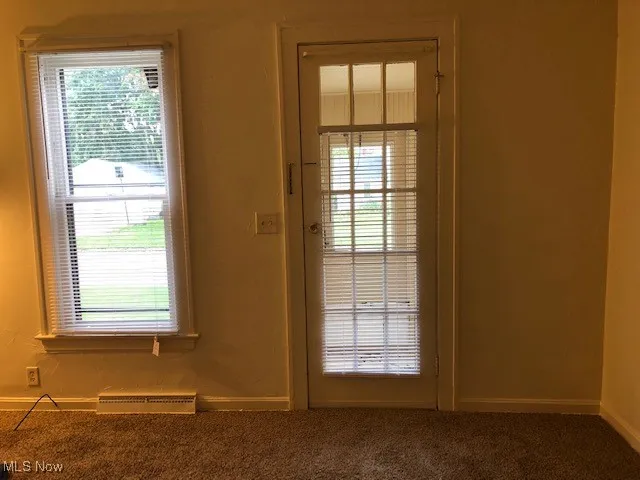 Doorway featuring healthy amount of natural light and carpet flooring