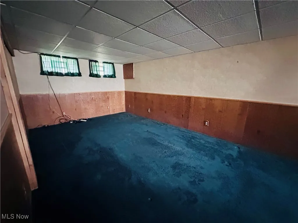 Basement with wood walls, a drop ceiling, a wainscoted wall, and oil tank