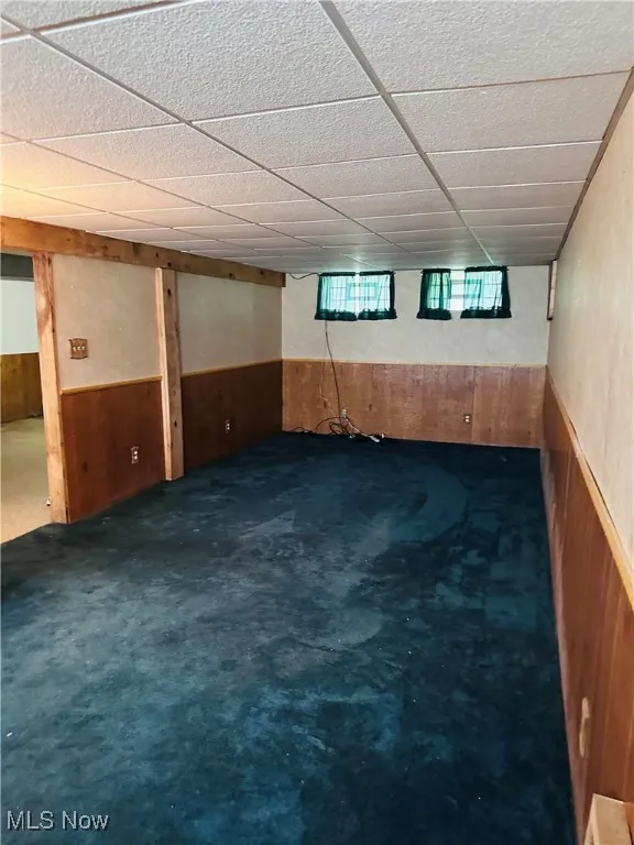 Below grade area with wooden walls, a wainscoted wall, and a paneled ceiling
