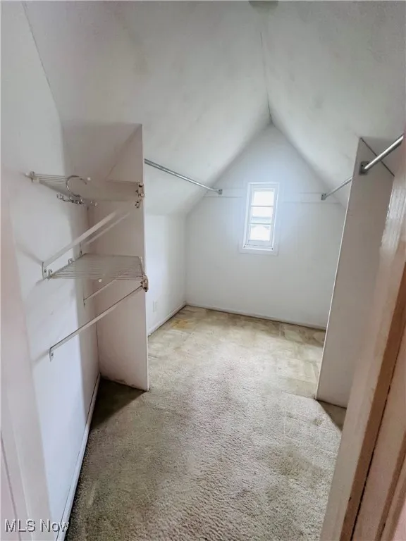 Walk in closet featuring lofted ceiling and carpet