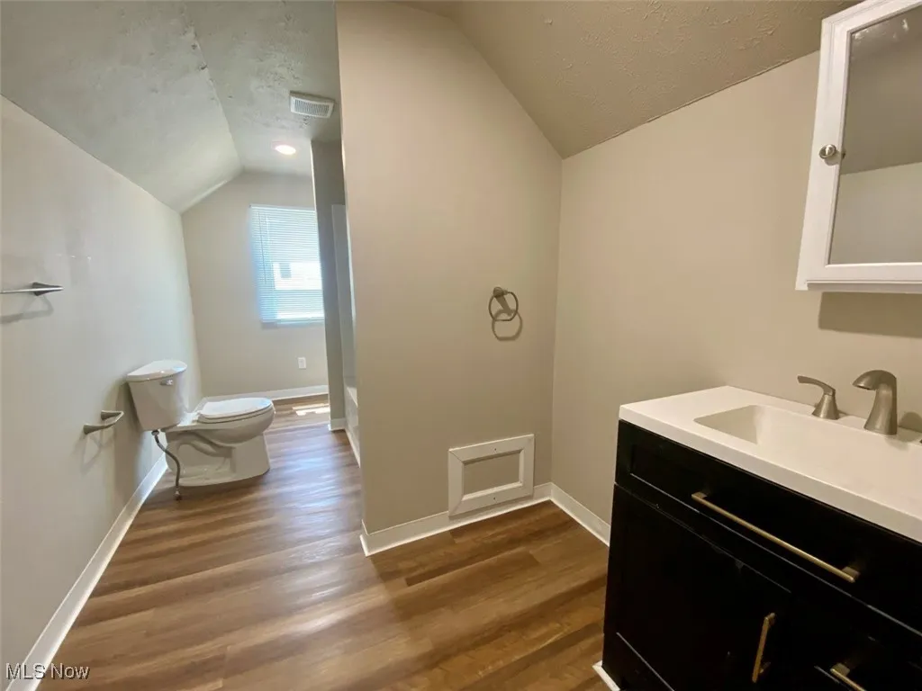 Bathroom with vaulted ceiling, vanity, wood finished floors, and a textured ceiling