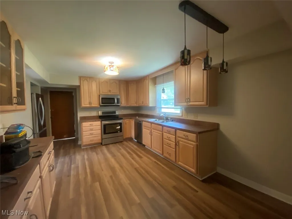 Kitchen featuring appliances with stainless steel finishes, dark wood finished floors, dark countertops, glass insert cabinets, and light brown cabinets