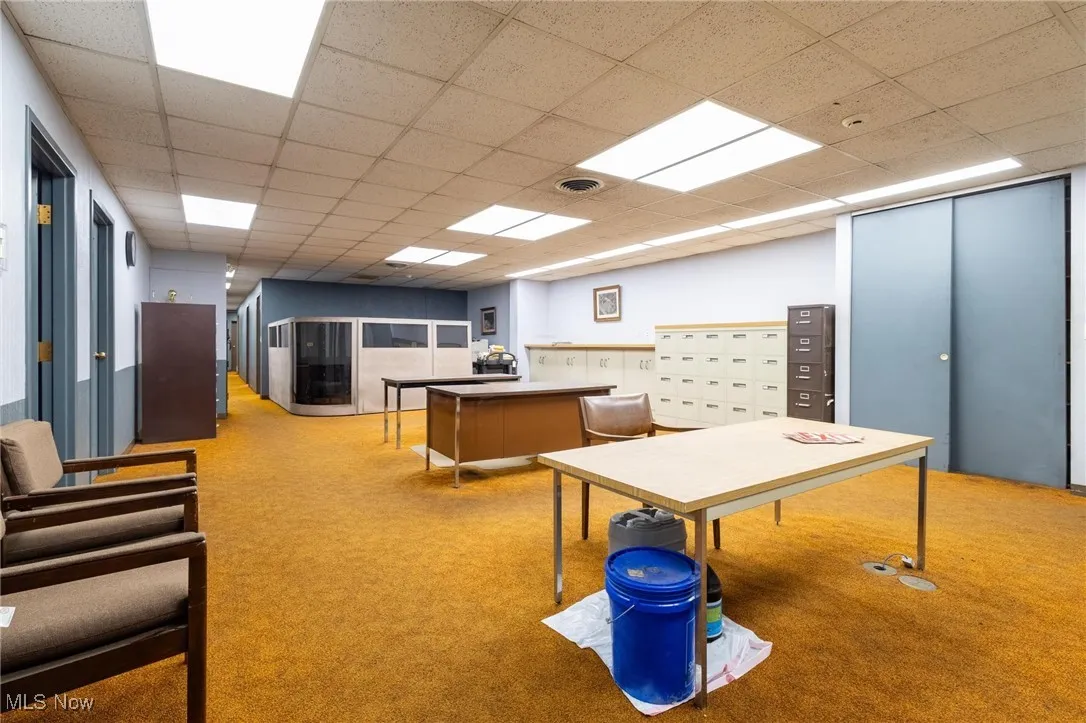 Playroom with carpet floors and a paneled ceiling