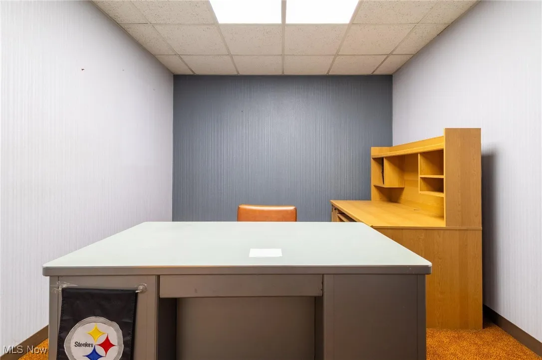 Office with light carpet and a drop ceiling