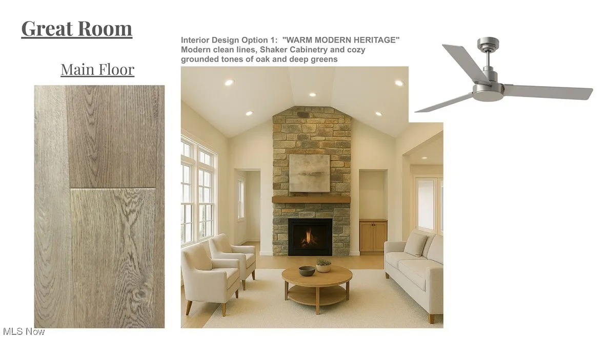 Living area with recessed lighting, a ceiling fan, a stone fireplace, and high vaulted ceiling