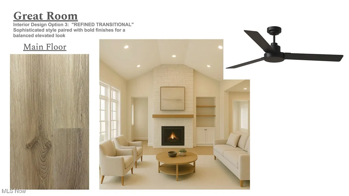 Living area with vaulted ceiling, recessed lighting, a fireplace, built in shelves, and ceiling fan