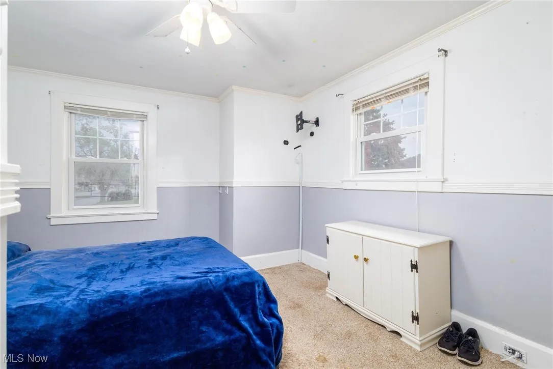Bedroom featuring light carpet, multiple windows, a ceiling fan, and ornamental molding