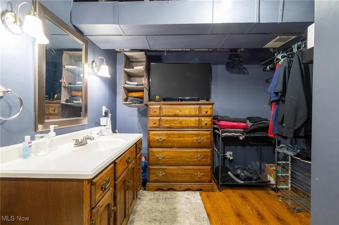 Bathroom with vanity, wood finished floors, and a walk in closet