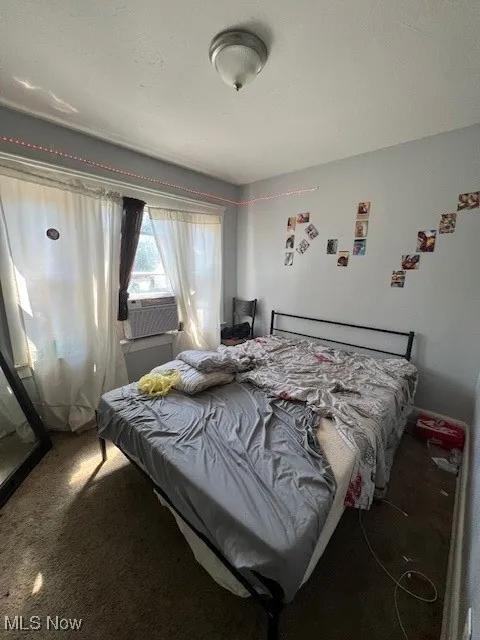 Carpeted bedroom featuring cooling unit