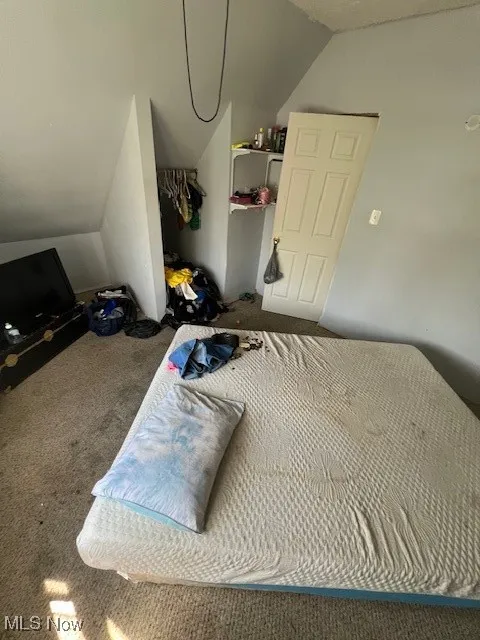Unfurnished bedroom with lofted ceiling and carpet flooring