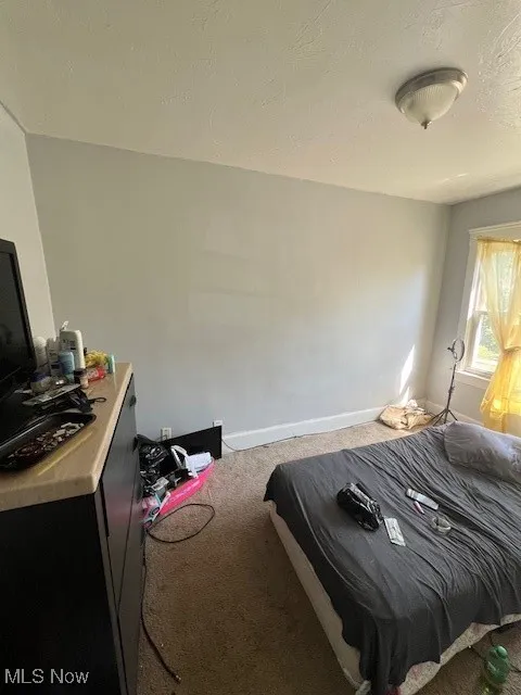Bedroom featuring carpet flooring and baseboards