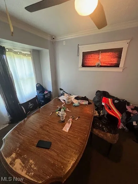 Dining room featuring crown molding and ceiling fan