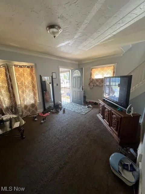 Living room with healthy amount of natural light, crown molding, and carpet floors