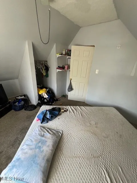 Carpeted bedroom featuring lofted ceiling