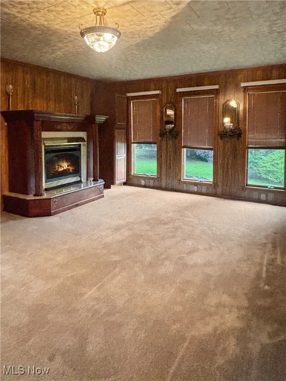 Unfurnished living room with wood walls, carpet, and a glass covered fireplace