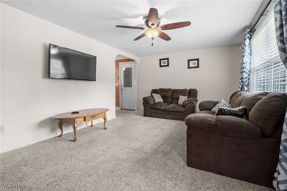 Living room with a ceiling fan/light and carpet