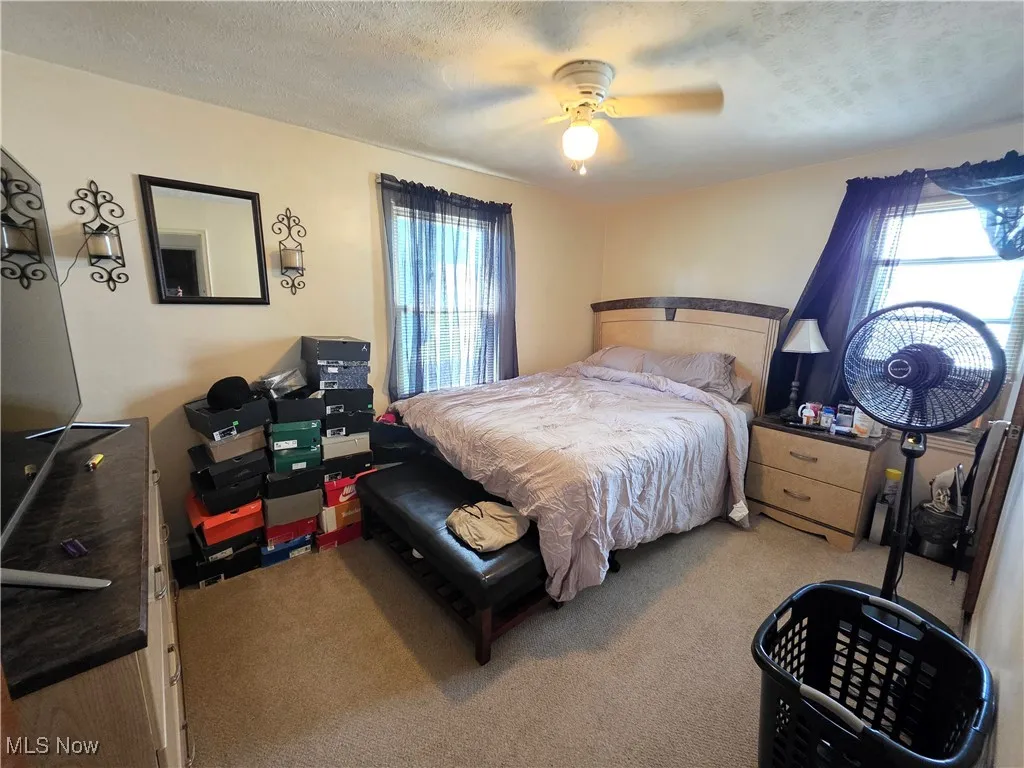 Carpeted bedroom with multiple windows, ceiling fan, and a textured ceiling