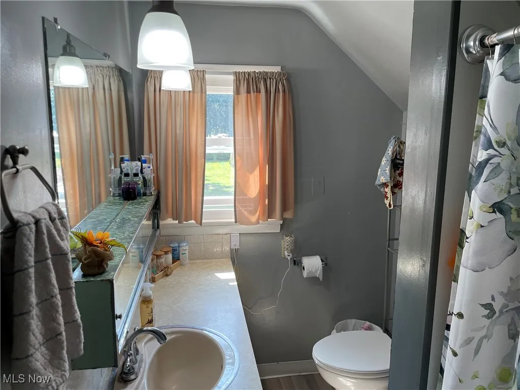 Bathroom featuring lofted ceiling, tasteful backsplash, vanity, and a shower with shower curtain