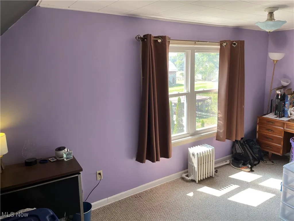 Carpeted bedroom with radiator heating unit and baseboards