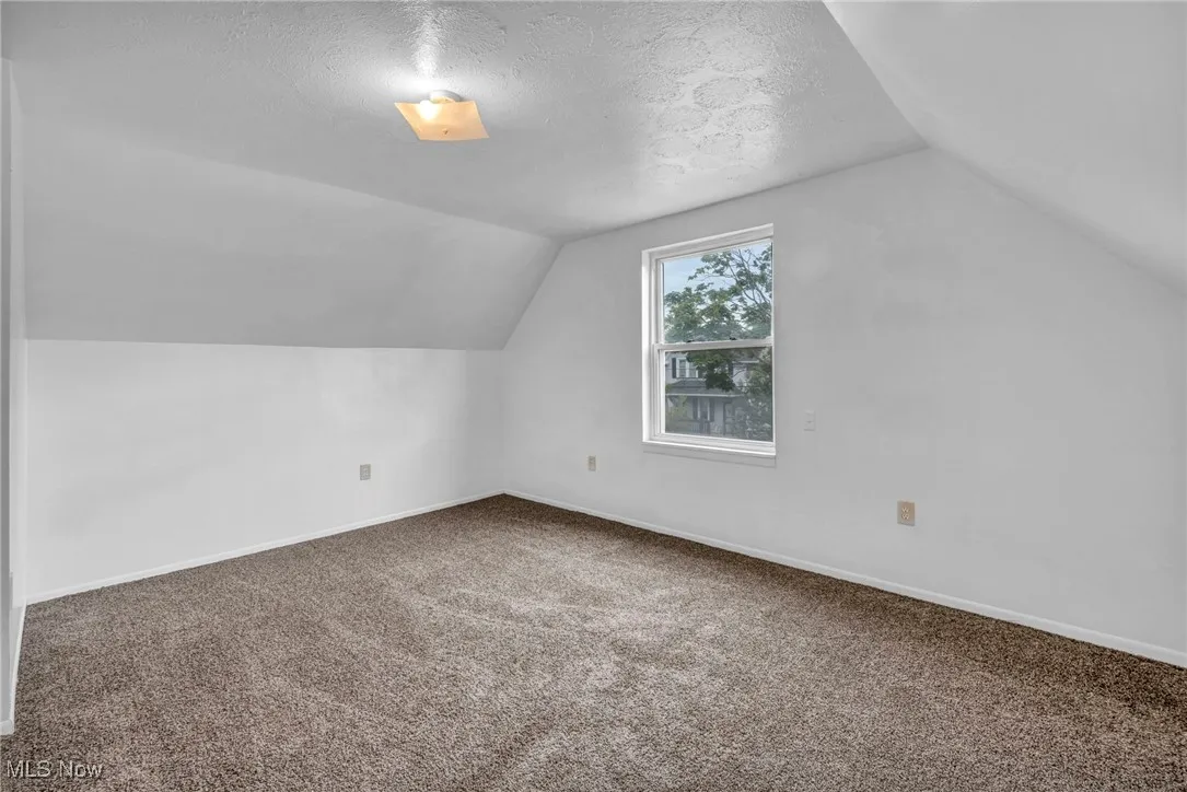 Additional living space featuring lofted ceiling, carpet flooring, and a textured ceiling