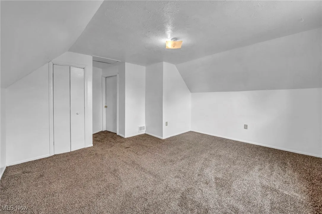 Additional living space with carpet flooring, lofted ceiling, and a textured ceiling