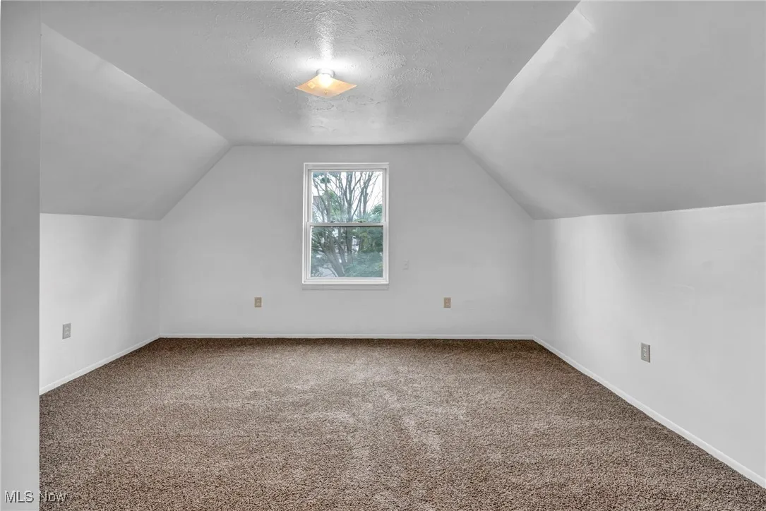 Additional living space featuring carpet flooring, lofted ceiling, and a textured ceiling