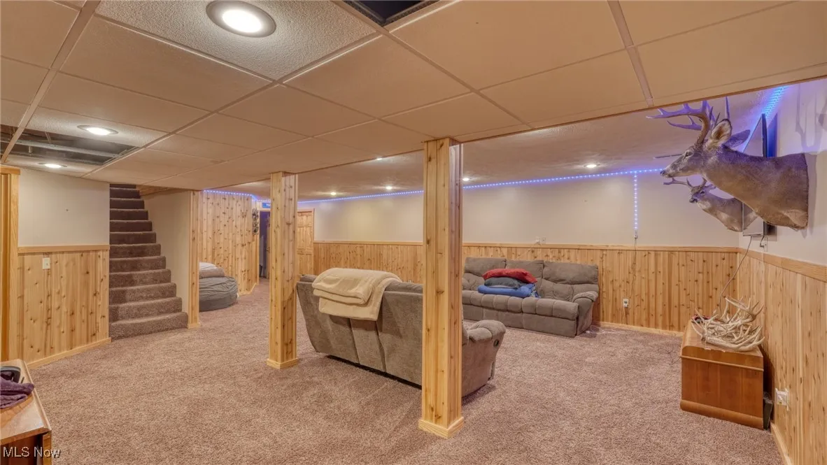 Finished below grade area with wooden walls, a wainscoted wall, carpet flooring, a drop ceiling, and stairway