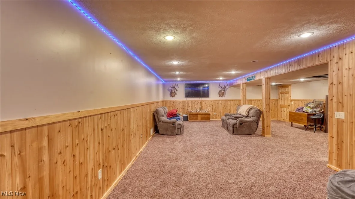 Carpeted living area featuring a wainscoted wall, a textured ceiling, wood walls, and recessed lighting