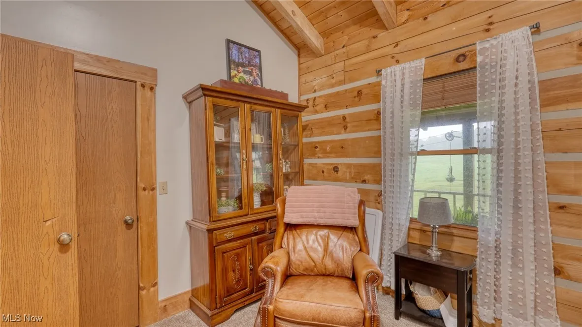 Living area featuring wooden ceiling and carpet floors