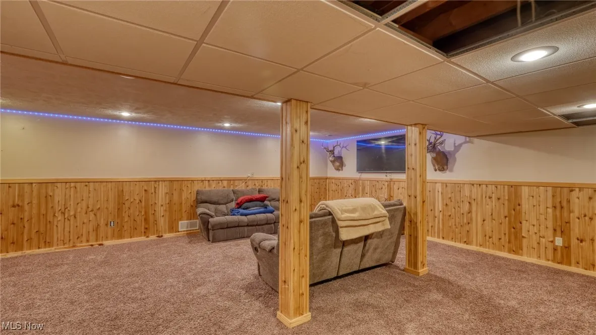 Finished below grade area featuring a wainscoted wall, a drop ceiling, carpet, and wooden walls