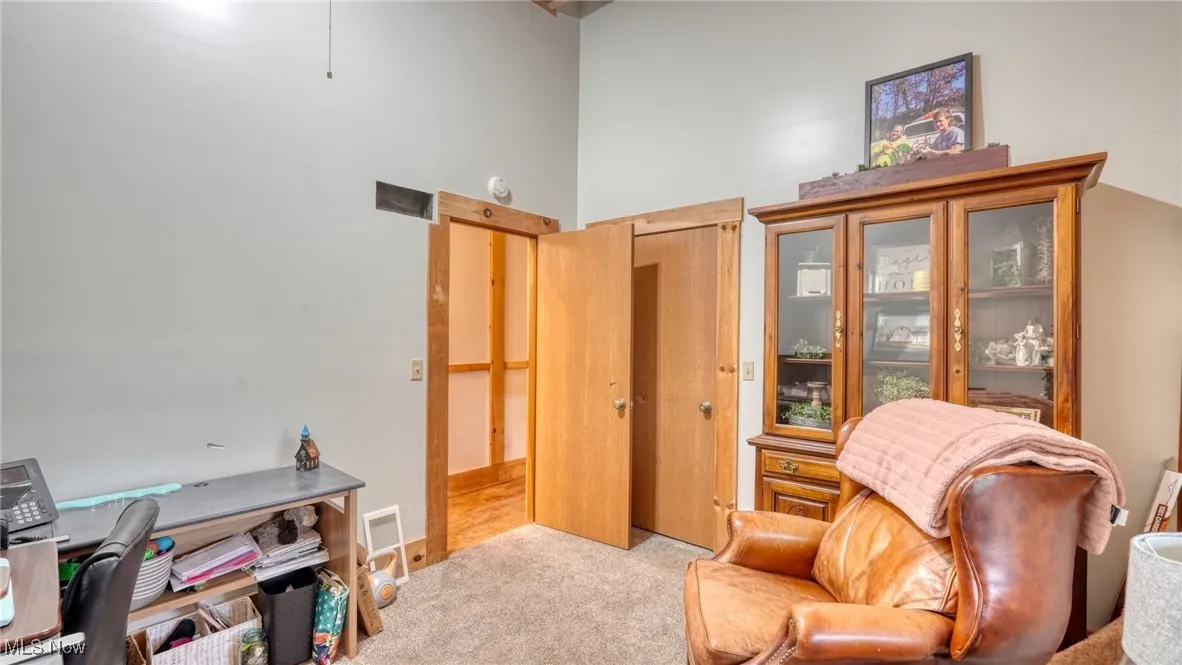 Sitting room featuring carpet floors and a towering ceiling