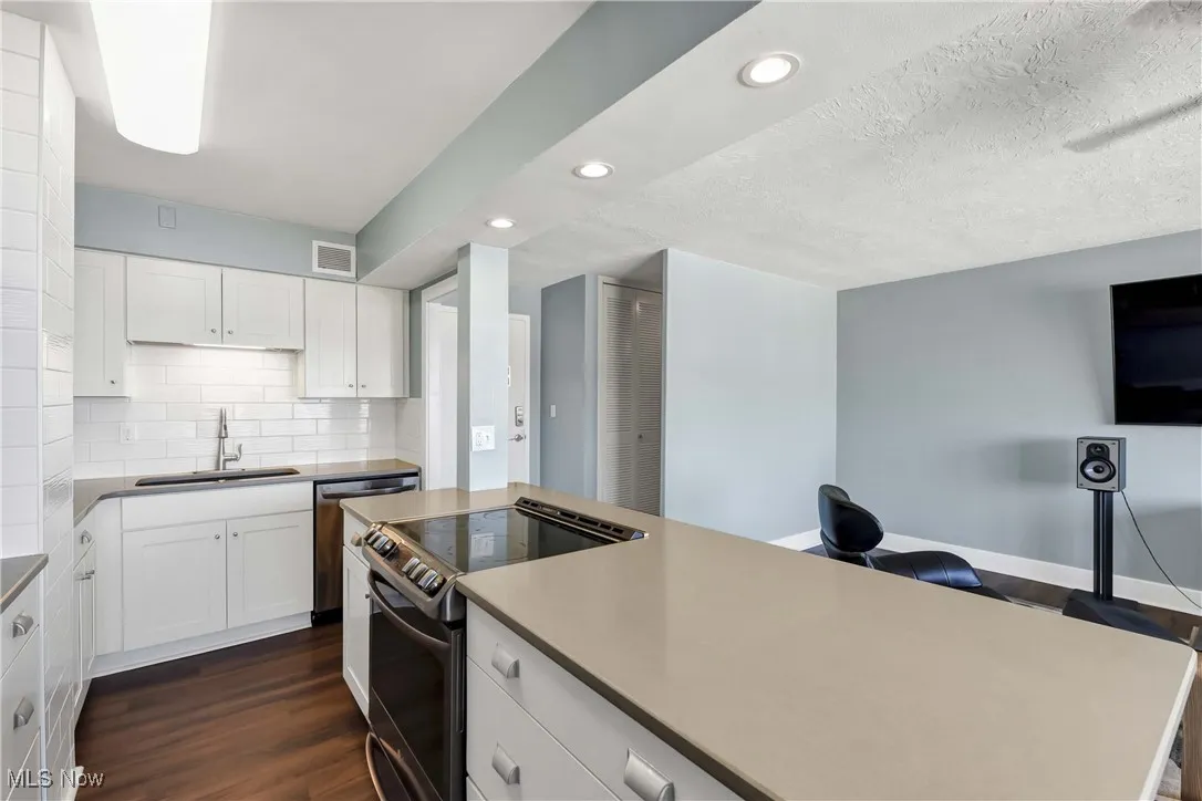 Kitchen featuring stainless steel appliances, recessed lighting, dark wood-style floors, tasteful backsplash, and white cabinets