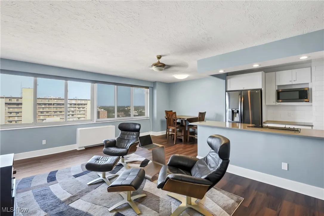 Living area featuring radiator heating unit, a textured ceiling, dark wood-style flooring, a ceiling fan, and recessed lighting