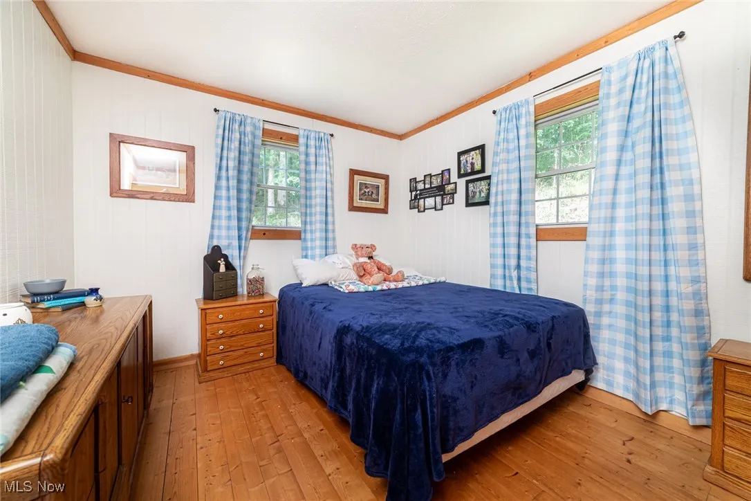 Bedroom with light wood-style flooring and ornamental molding