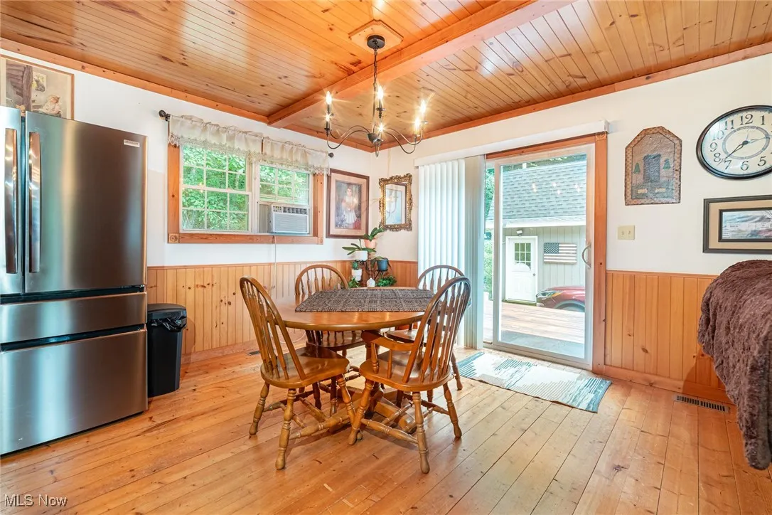 Dining room featuring wood ceiling, wainscoting, wood walls, light wood-style flooring, and a chandelier