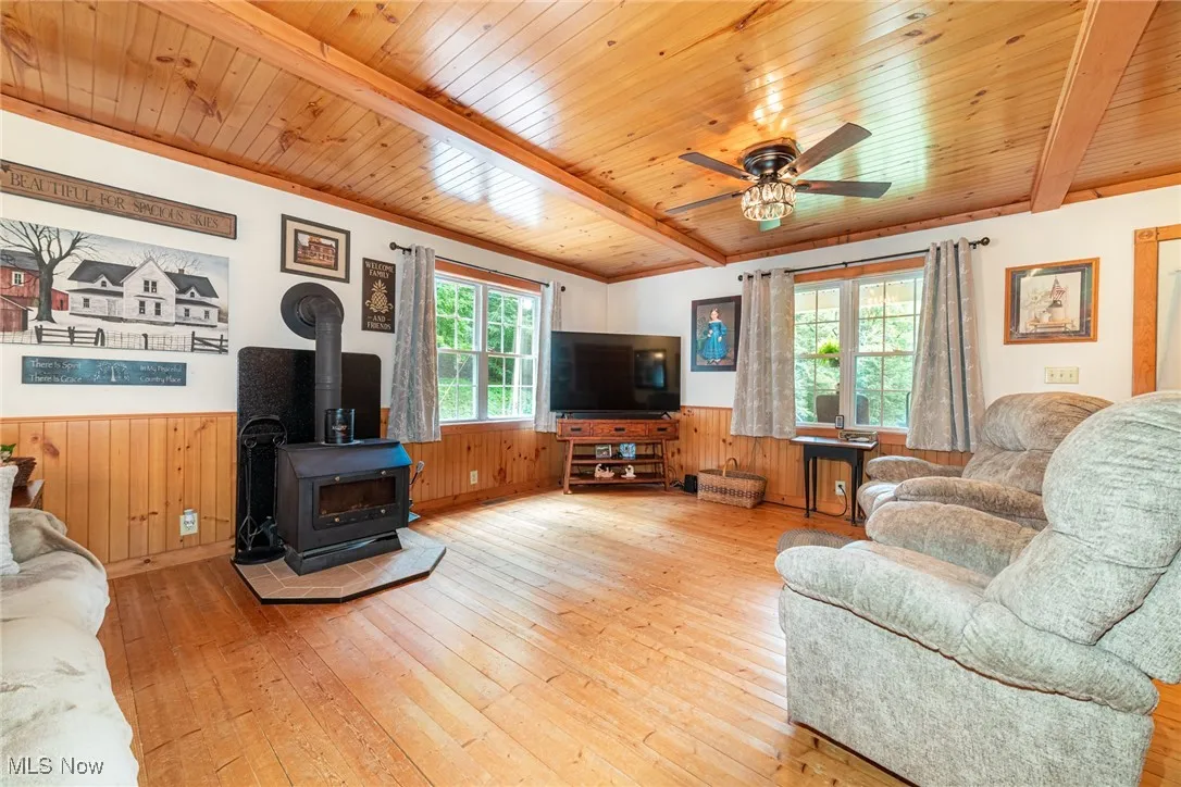 Living area featuring wood ceiling, a wainscoted wall, hardwood / wood-style flooring, a wood stove, and ceiling fan